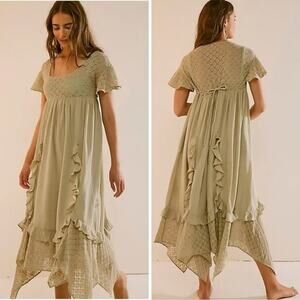 Free People XL Ethereal Bohemian Bring The Romance Midi Maxi Dress Stone Moss